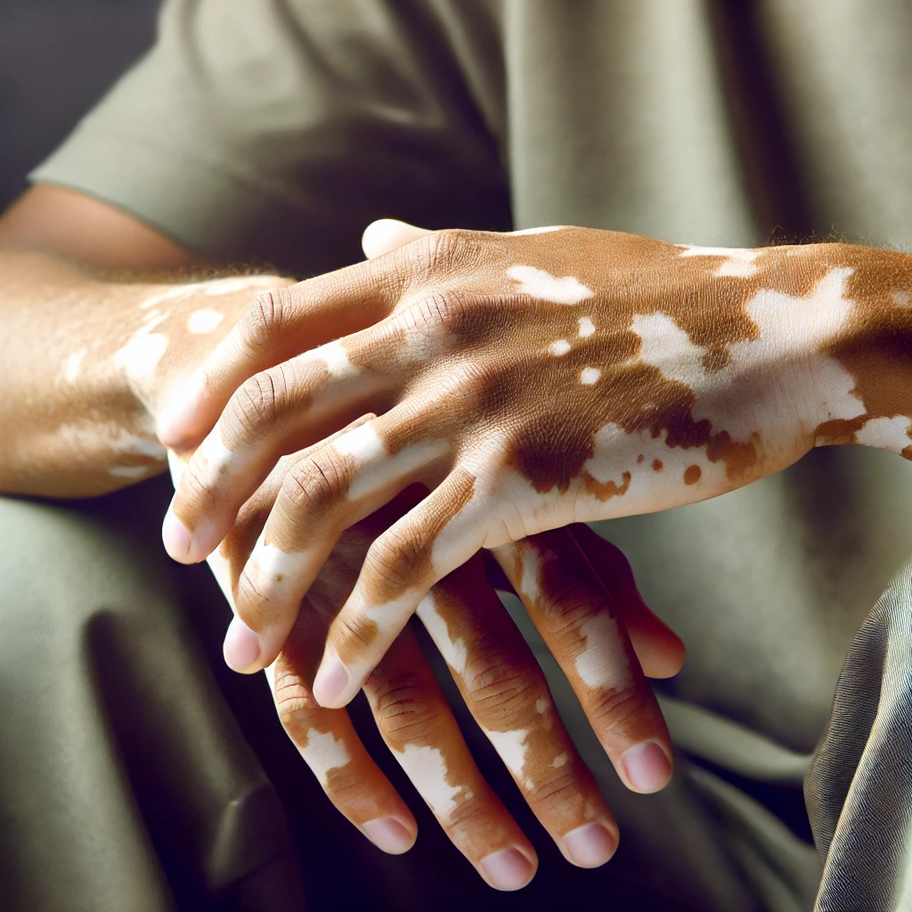 DALL·E 2025-07-01 14.45.00 - A realistic photo of a person's hands or arms affected by vitiligo, showing clear patches of depigmented skin on a natural skin tone. The image should
